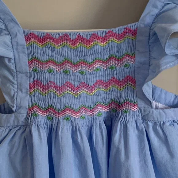 Jacadi Girls Blue Smocked Dress Bloomer Set Flutter Sleeve Size 24 M - Picture 2 of 4